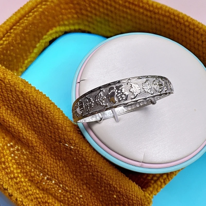 足银手镯 B42足银手镯百福内百福推拉可调节老人镯银色复古