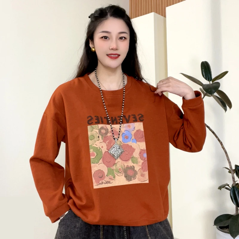 大码女装卫衣时尚宽松圆领百搭长袖打底衫