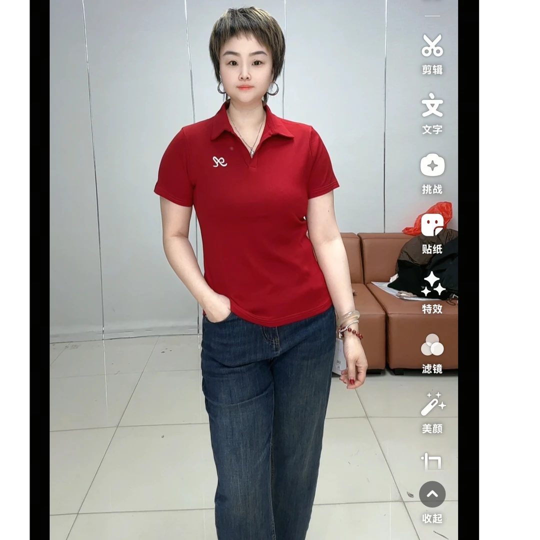 小施家设计感休闲纯色翻领刺绣显瘦T恤2326