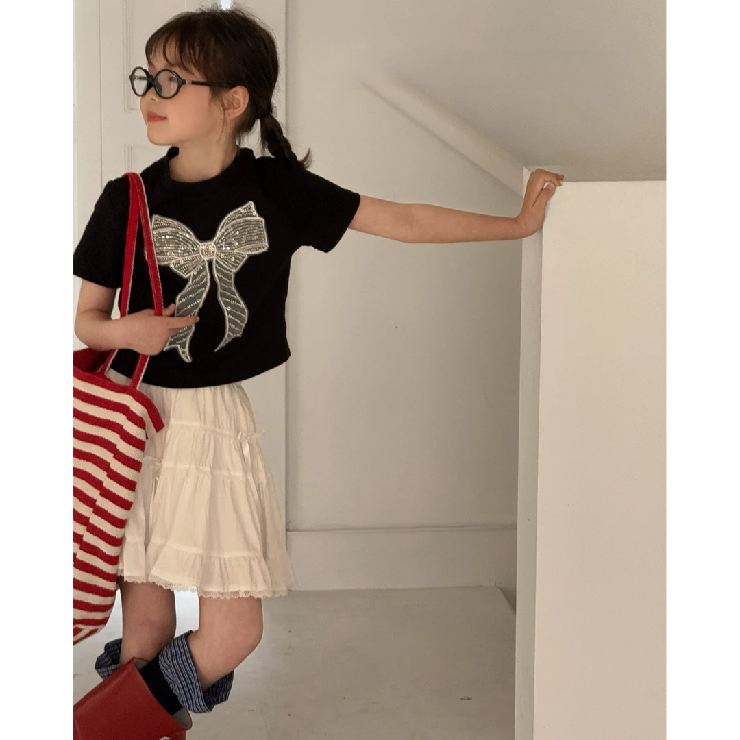 【小慕家】2025夏儿童蝴蝶结亮片潮流时尚T休闲百搭短袖T恤8279
