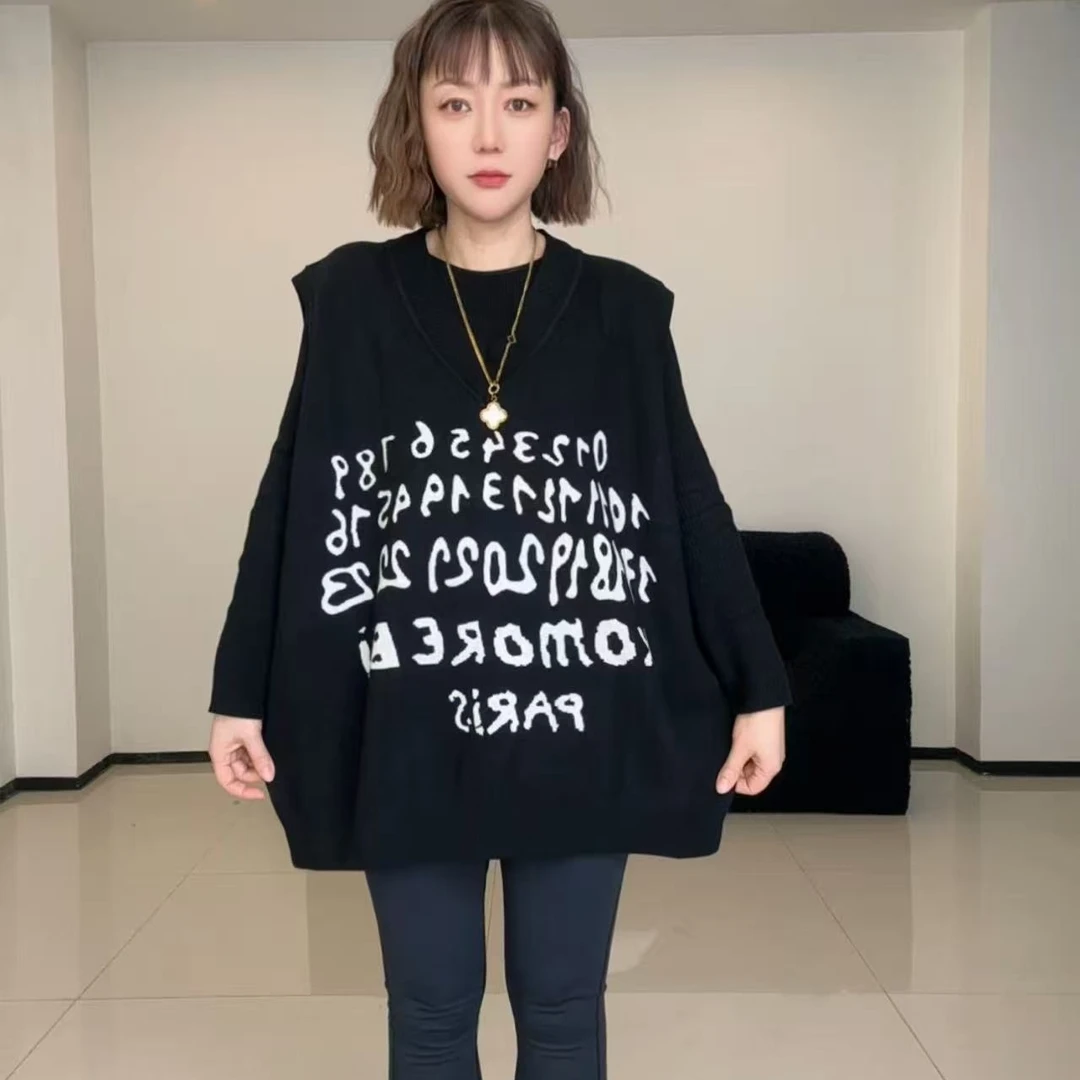 2025早春韩版宽松字母提花圆领针织毛衣背心黑色百搭中长款 039#