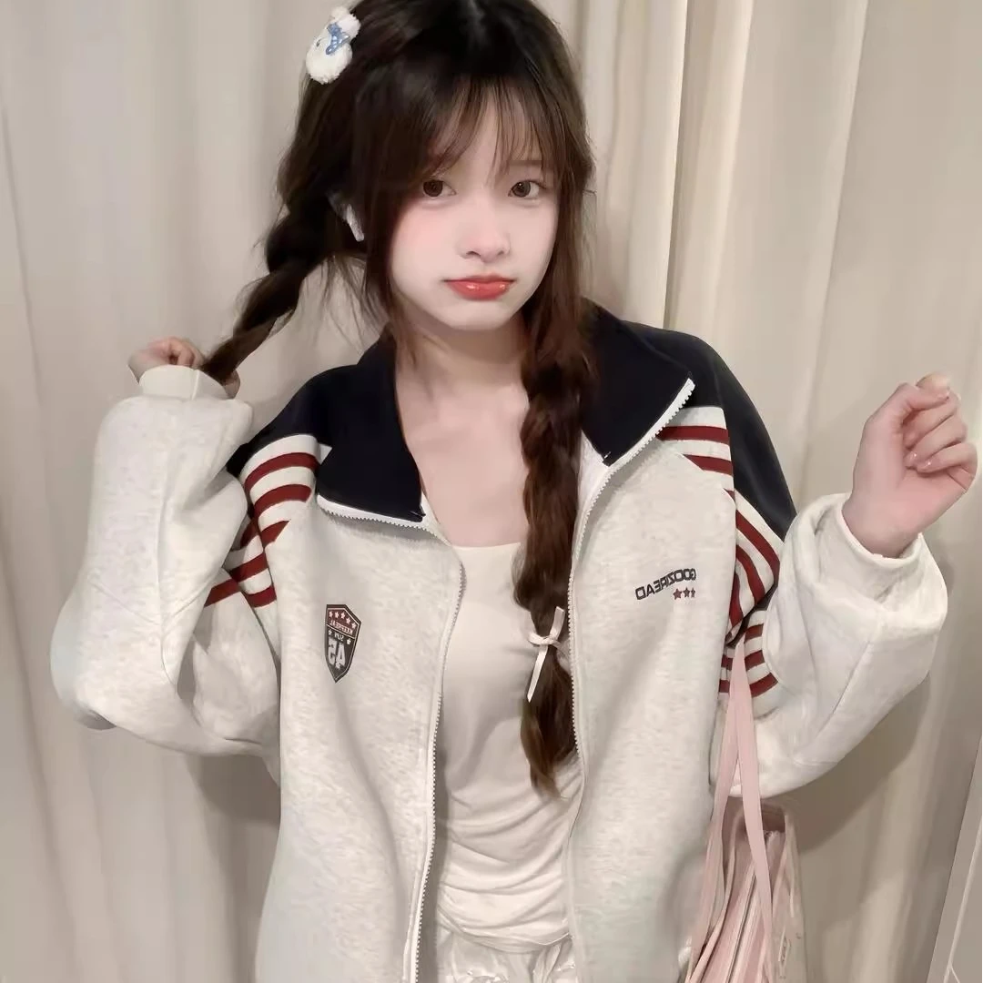 学院风时尚休闲减龄个性百搭开衫卫衣秋季大码印花撞色宽松外套