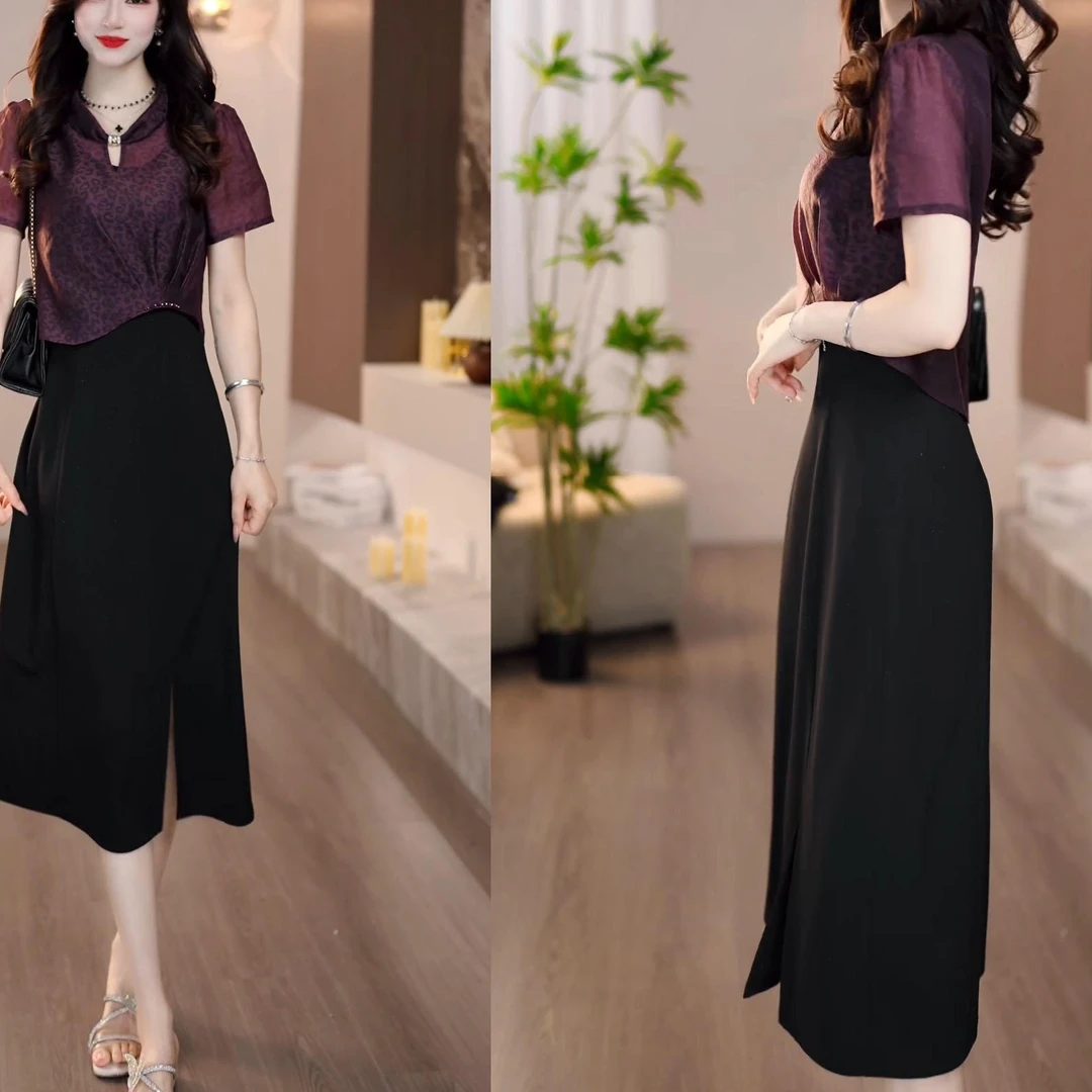 【胜美】2025夏款绛紫色小立领罩衫+黑色修身简约时髦背心裙两件套