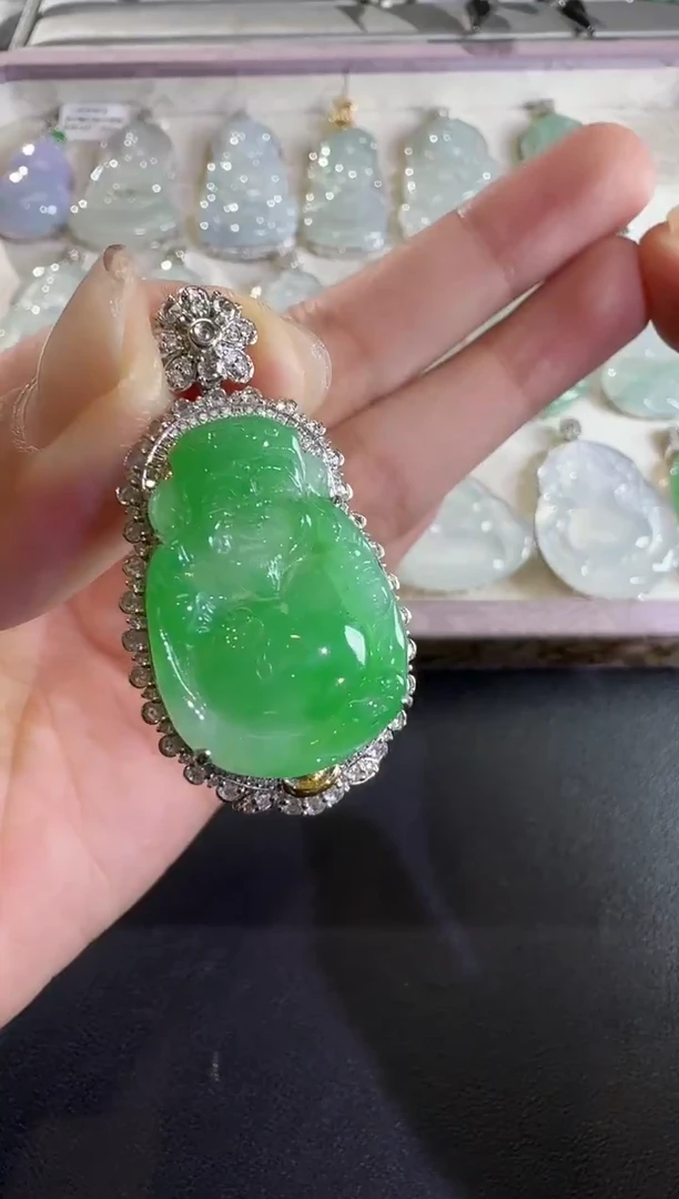 吊坠(不含链)18K金镶嵌翡翠【源头工厂】钻石镶嵌