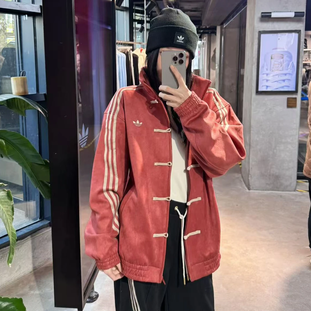 adidas三叶草CN TT DENIM新中式唐装盘扣绒面宽松夹克外套JY8276