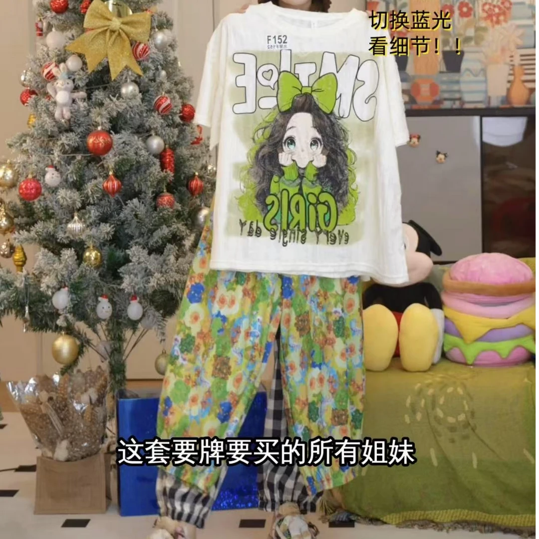 大码女装夏季薄款亲肤蝴蝶结女孩套装莫奈花园束脚裤灯笼裤