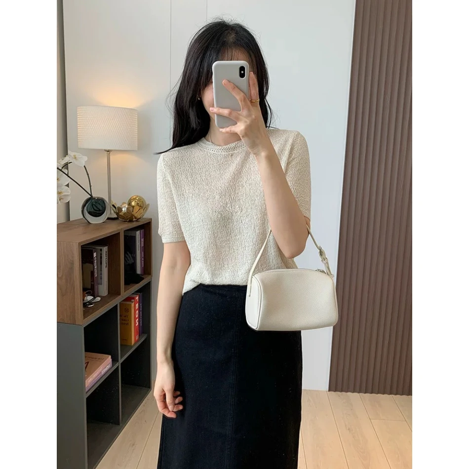 3292【圆领乱针中袖针织衫】百搭高货女士薄款气质上衣