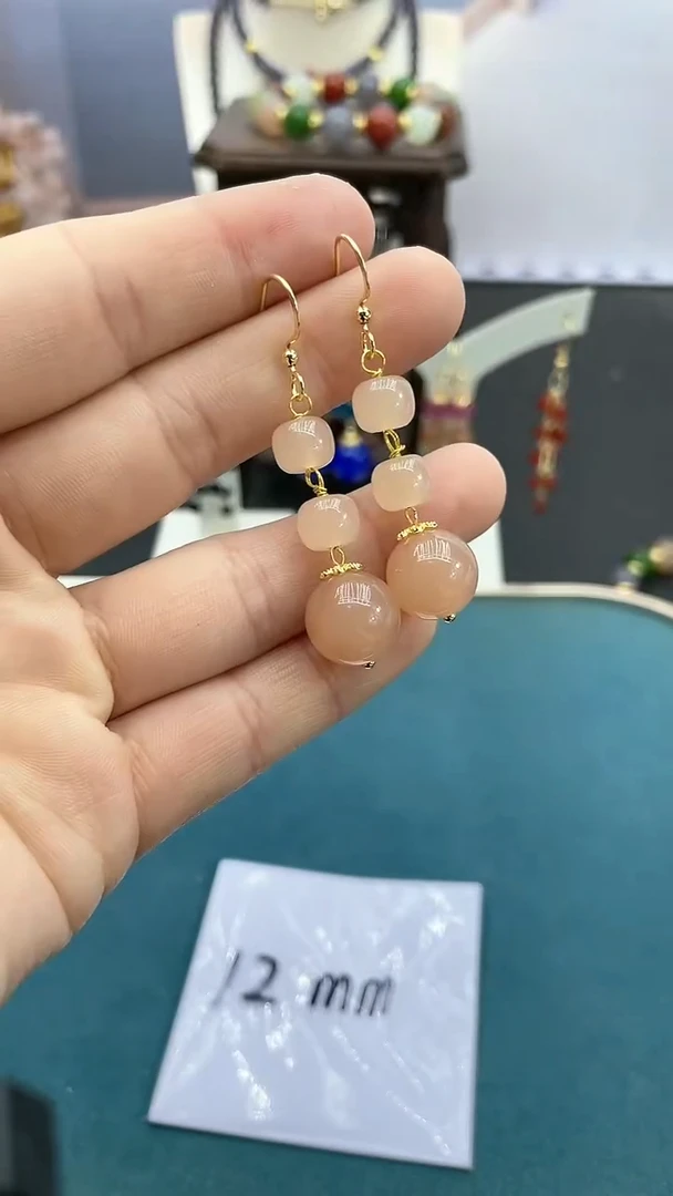 【闪购商品】和田玉耳饰银S925镶嵌藕粉三珠耳钩