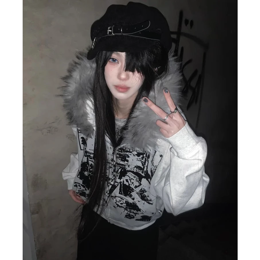 美式高街连帽卫衣开衫早春亚文化毛领外套宽松亚比上衣y2k