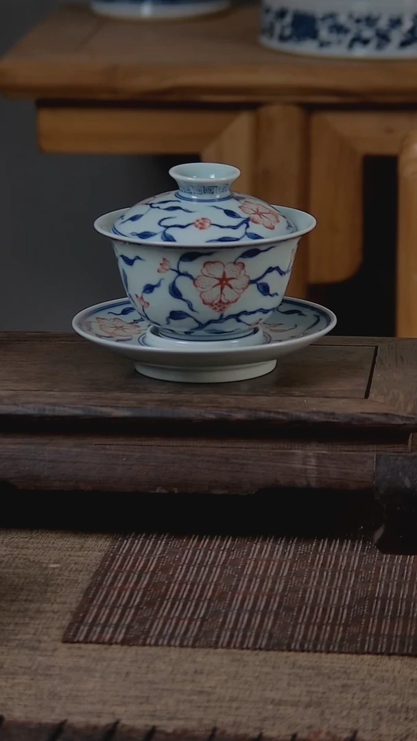 折葵非器手工手绘山茶花三才盖碗