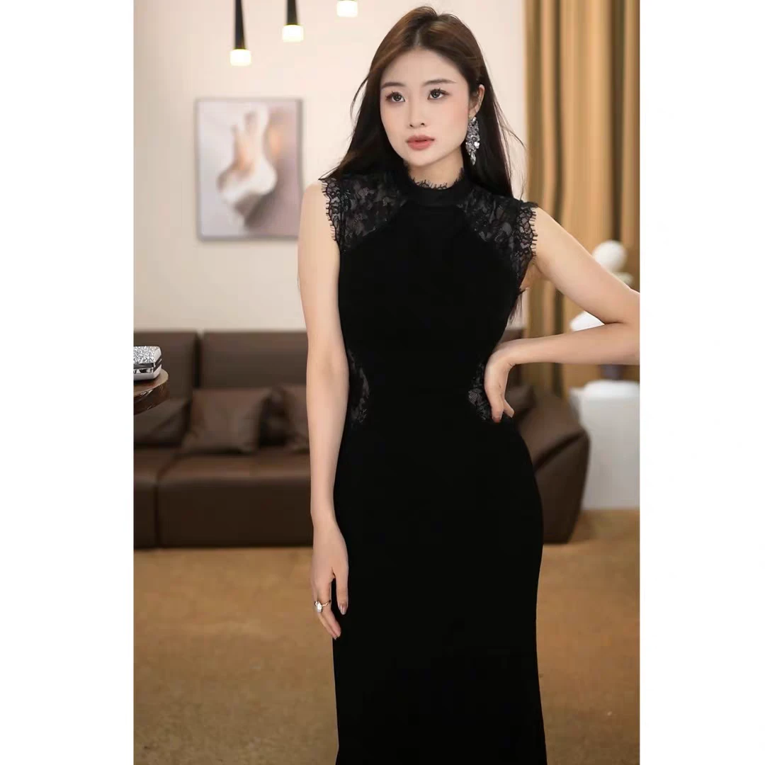 A309 夏季新款显瘦性感蕾丝轻奢黑色蕾丝连衣裙