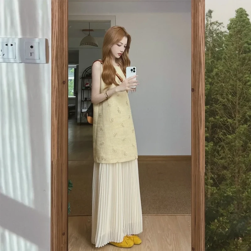 2025夏季新款小香风穿搭蝴蝶结背心挂脖连衣裙搭配百褶裙两件套女