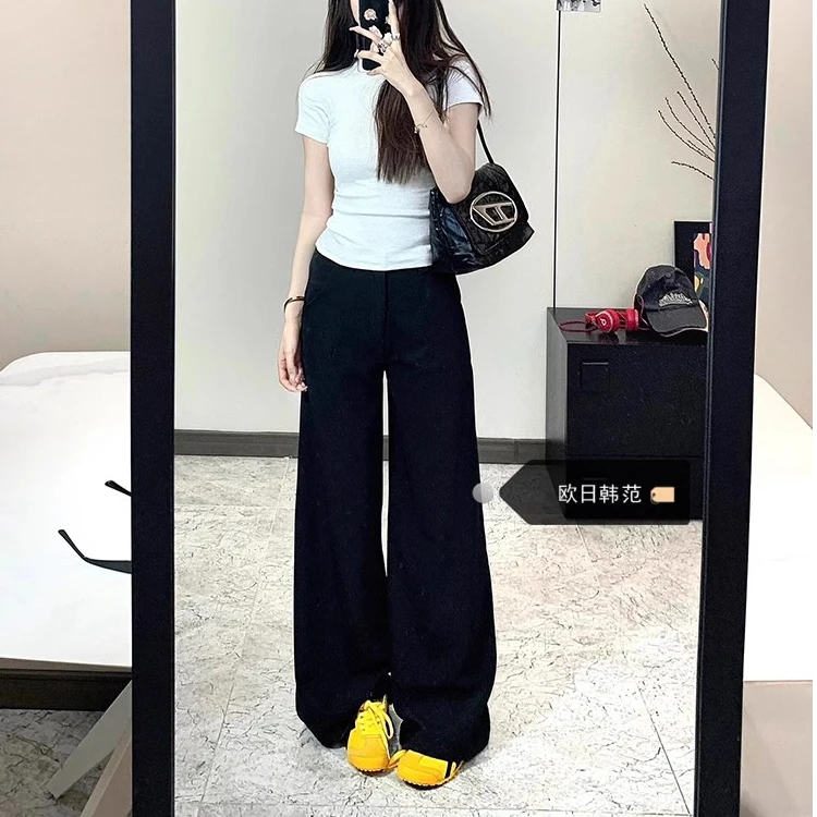 黑色显瘦百搭直筒牛仔裤女夏季高腰拖地休闲长裤设计感宽松阔腿裤