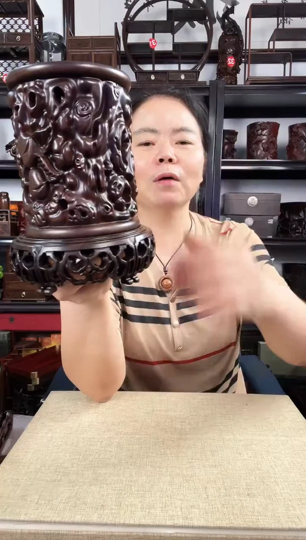 木新款3+寿桃笔筒老李红木工艺品