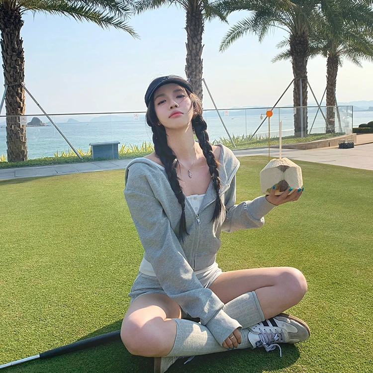 美式复古灰色卫衣连帽外套短裤两件套宽松显瘦休闲运动套装女春季