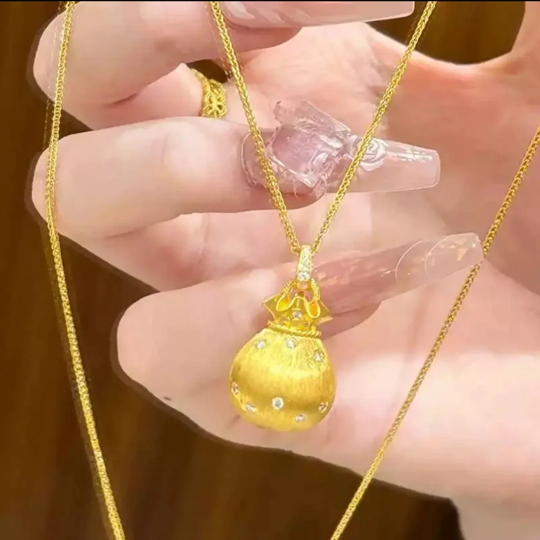 铜合金项链 新中式拉丝小福袋吊坠项链女款轻奢高级感锁骨链