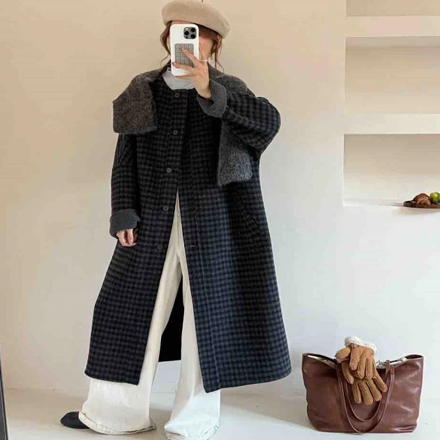 ZIKUO/紫阔新款高品质时尚撞色格子设计圆领双面呢长款大衣25267
