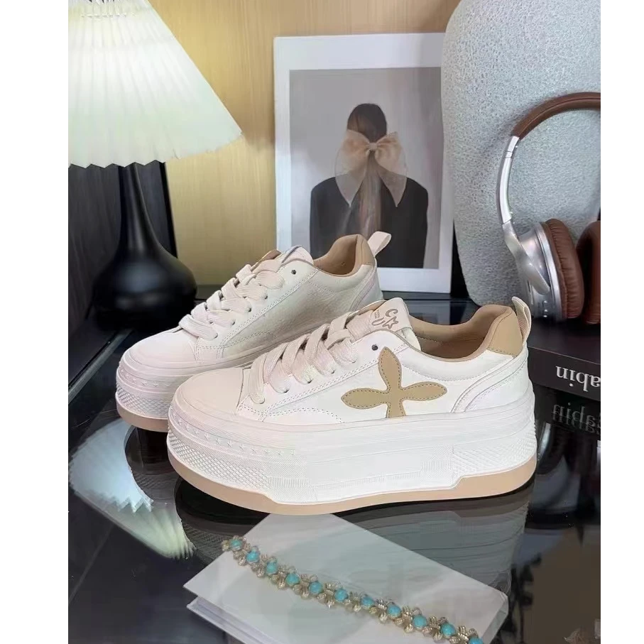 媄澜新款真皮内增高小白鞋女低帮百搭厚底圆头系带板鞋夏季潮流鞋