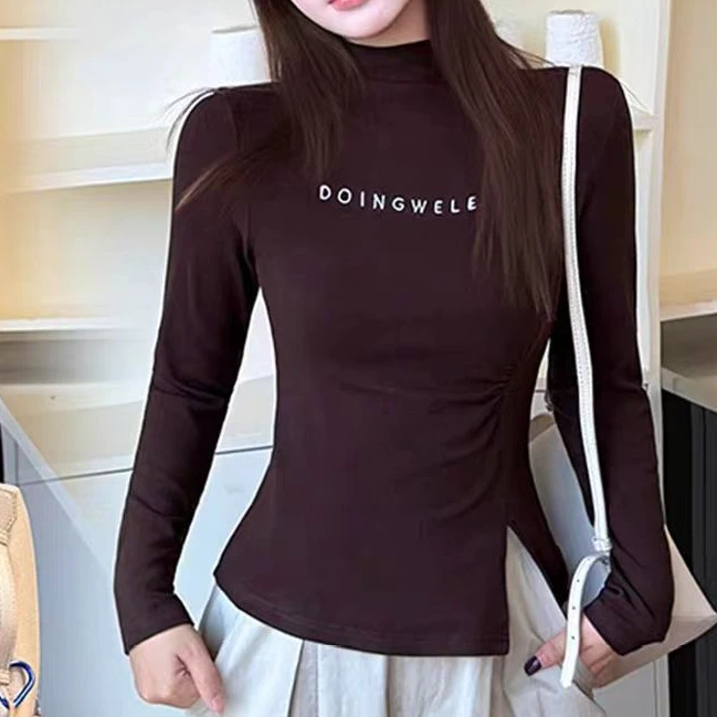 7600款不规则长袖半高领打底衫洋气时尚小衫收腰女士内搭上衣