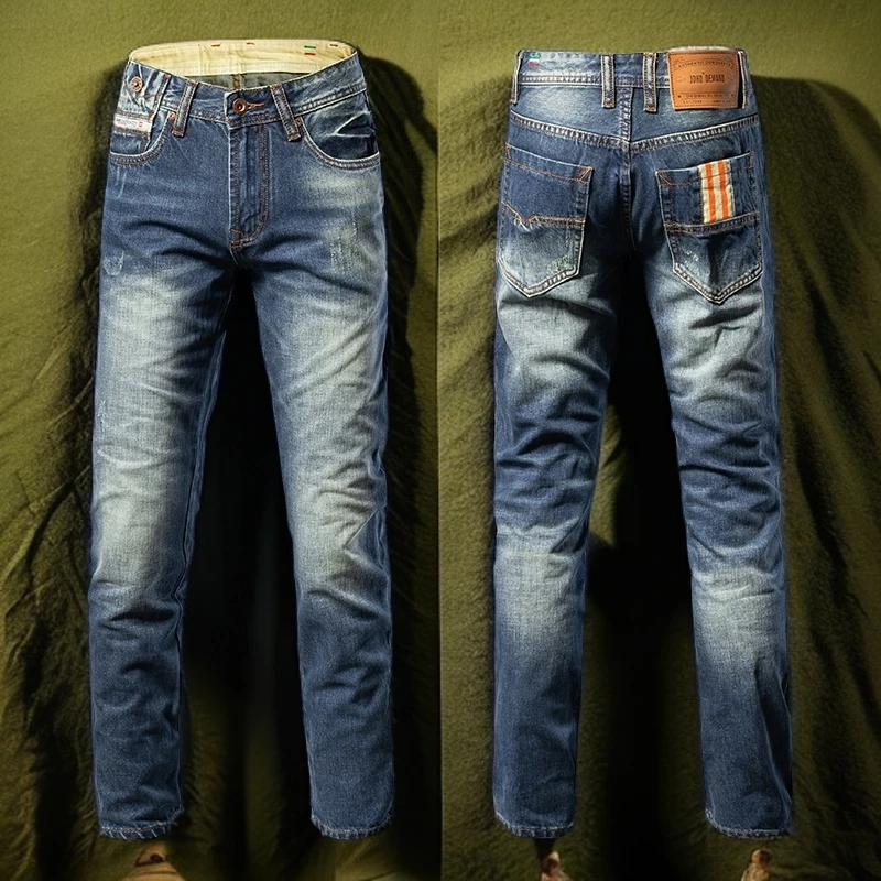 维斯克纳潮牌美式复古宽松直筒牛仔裤男士青年印花水洗个性长裤子