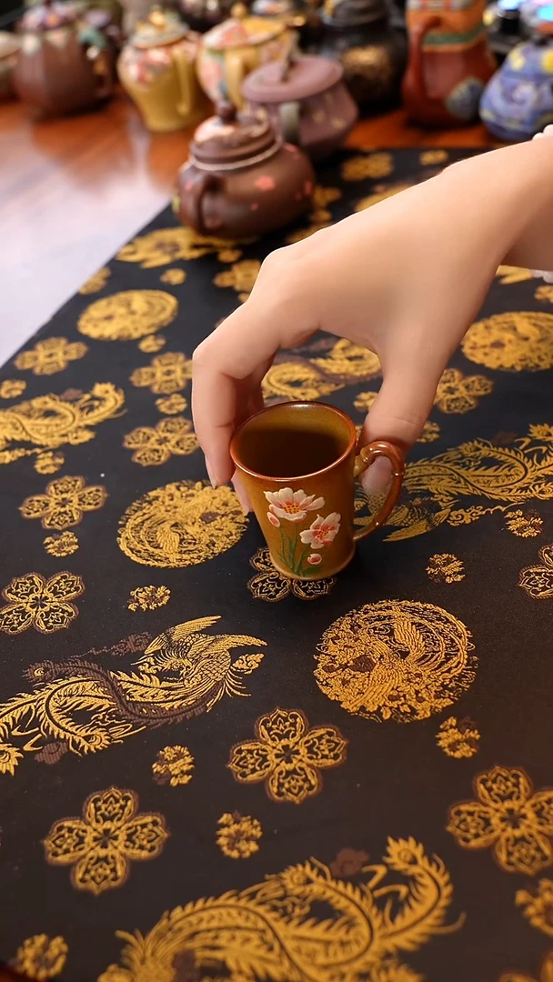 茶壶紫砂泥绘把手杯