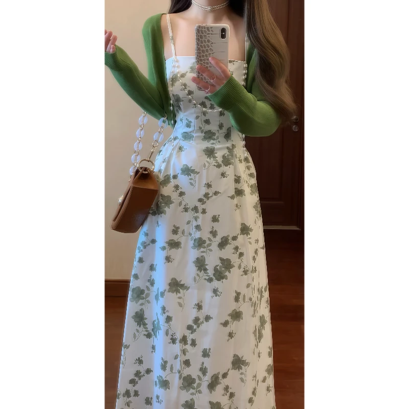 法式珍珠挂脖碎花吊带连衣裙&绿色针织防晒空调开衫套装裙9053