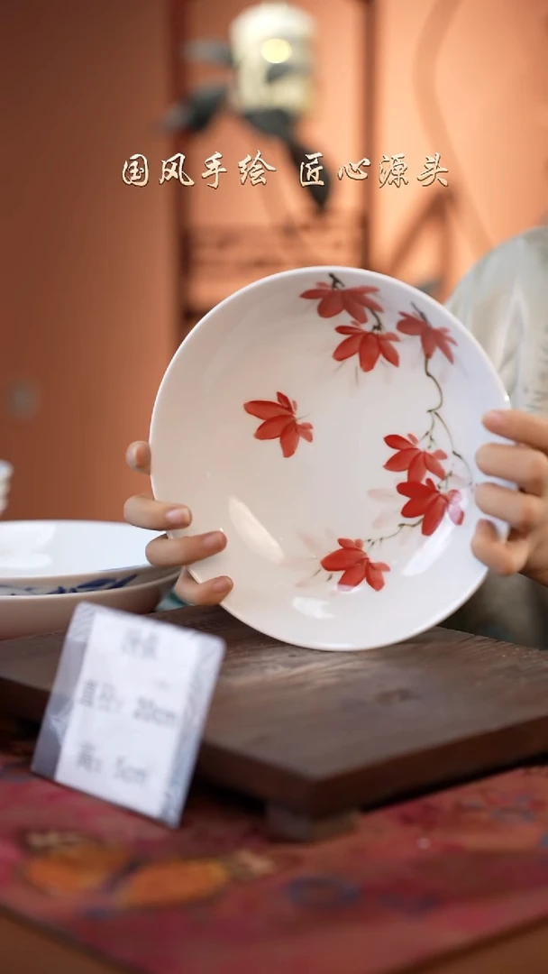 陶瓷景德镇高温釉中彩深盘直径20高5