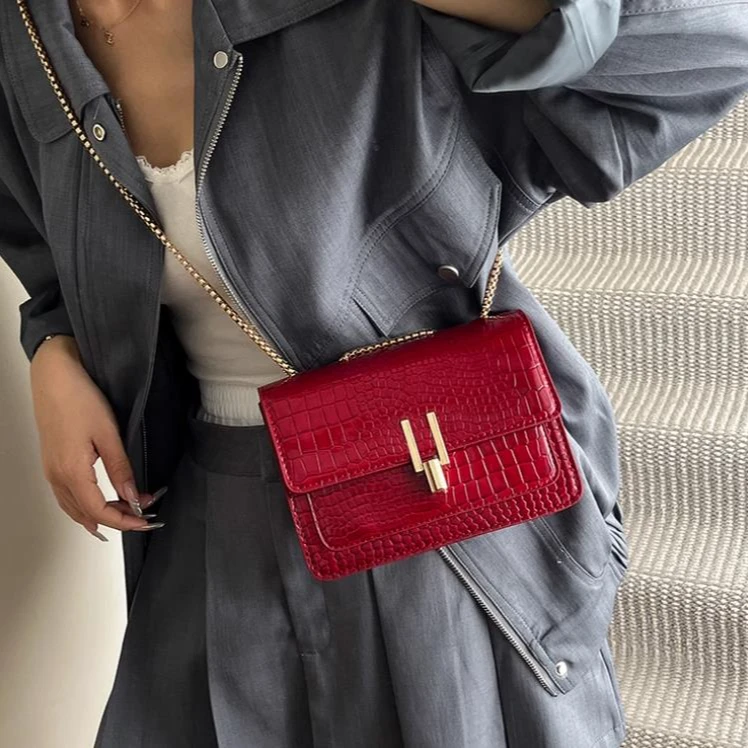 高级感小众包包女式2025新款时尚红色单肩包鳄鱼纹链条斜挎小方包