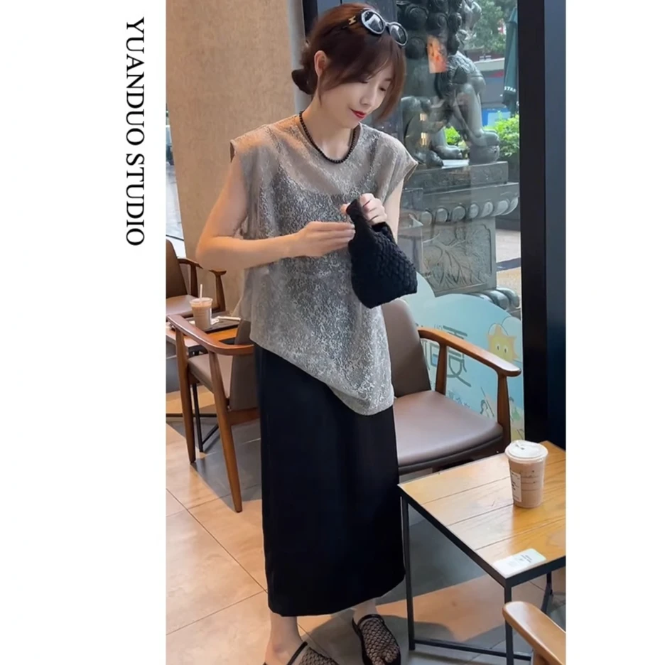 女装套装轻奢高级感女人味宽松无袖气质上衣高腰垂感半身裙两件套