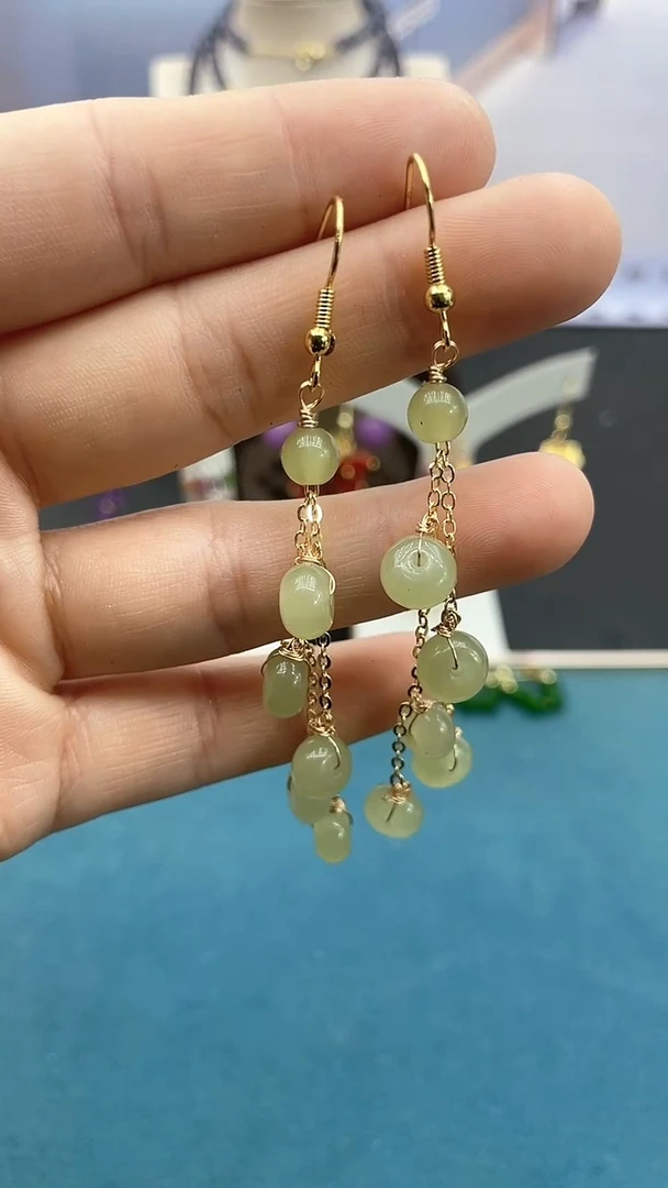 【闪购商品】和田玉耳饰14K金镶嵌晴水算盘流苏