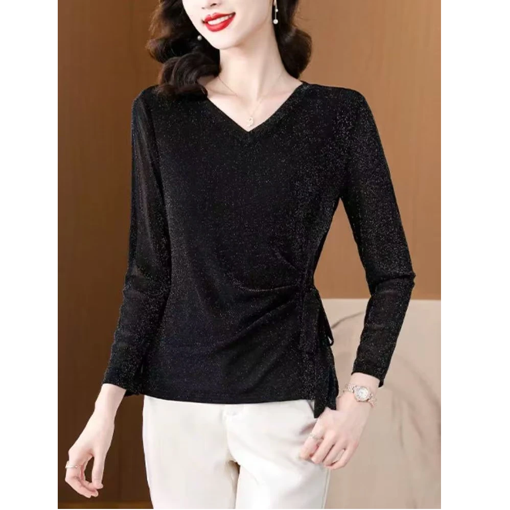 81365三色亮色网纱收腰款长袖小衫时尚百搭气质减龄洋气显瘦休闲T