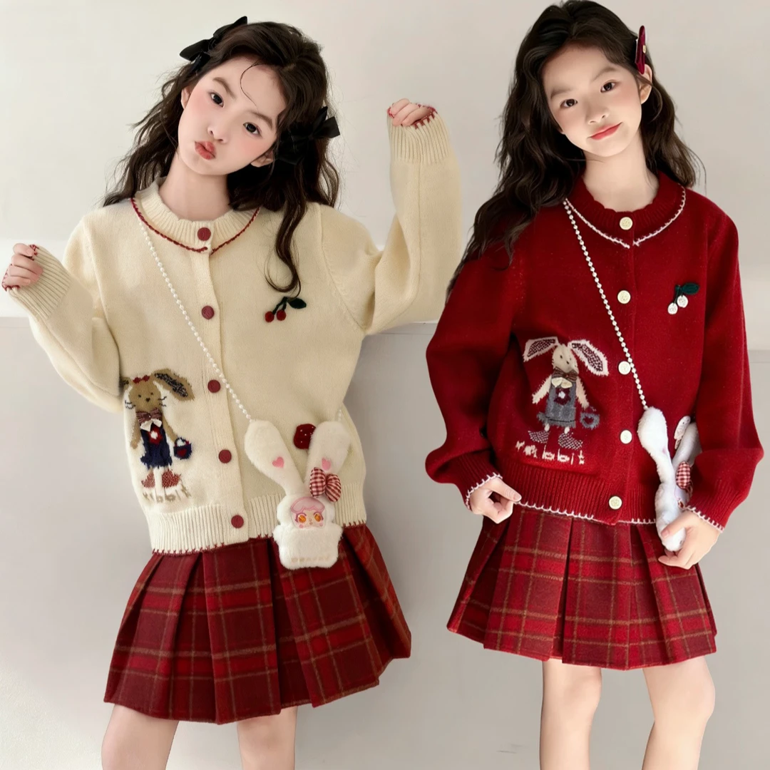 女童红色毛衣秋冬2025新款儿童冬装洋气加厚女大童新年开衫拜年服