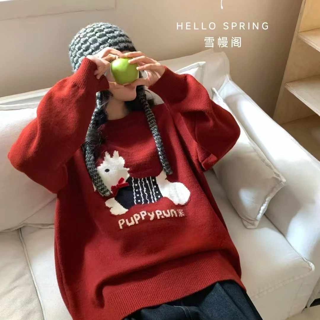 时尚宽松大码百搭小狗图案圆领针织毛衣