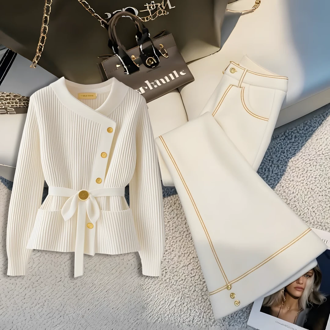 一整套入冬穿搭小香风白色针织衫女新款感洋气减龄时尚休闲裤套装