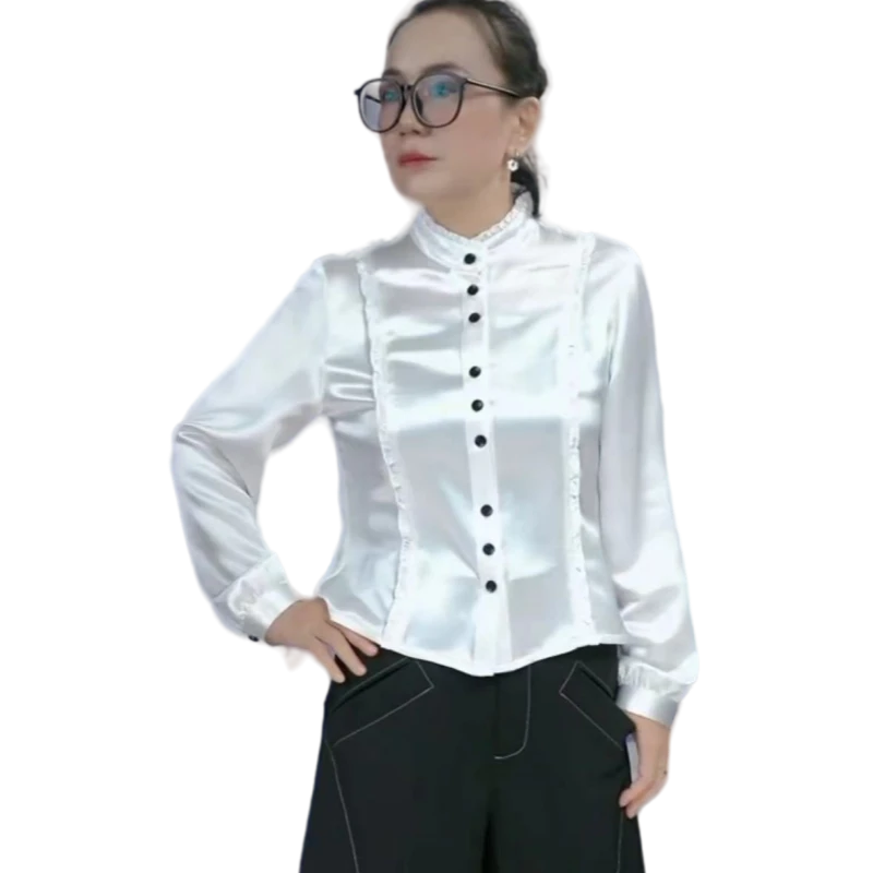 诗益燃 三醋酸 重工木耳边  修身显瘦百搭款5052款立领上衣衬衫