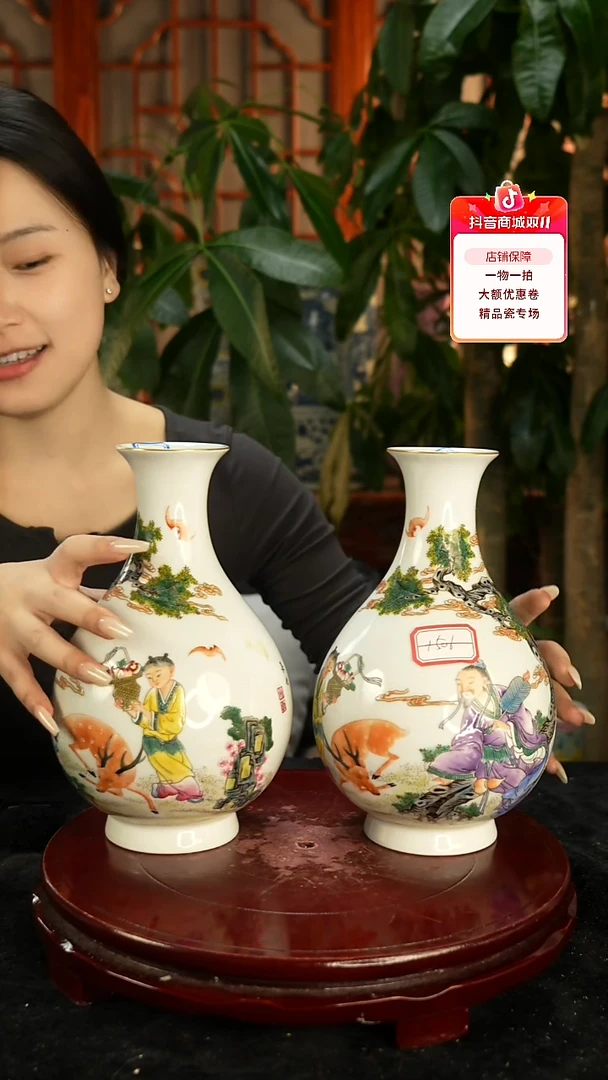 其他瓷小*儿粉彩福禄寿玉壶春瓶一对