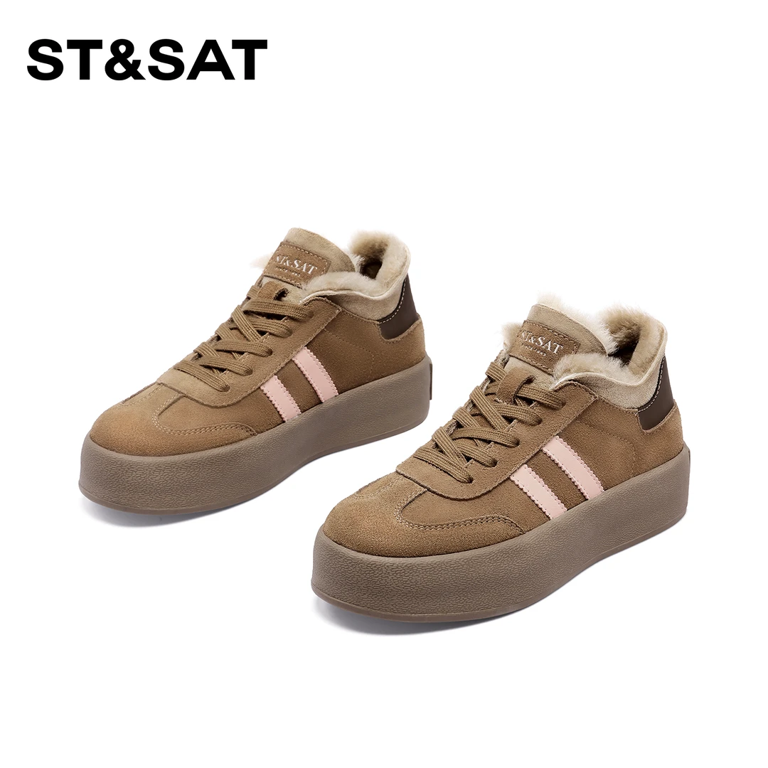 St&Sat/星期六皮毛一体时尚加绒休闲鞋2025厚底高帮德训鞋女保暖