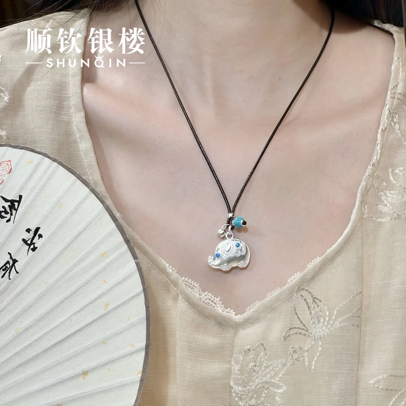 顺钦银楼 吊坠足银珐琅  【大吉祥套链】足银999.9百搭大象国风套链