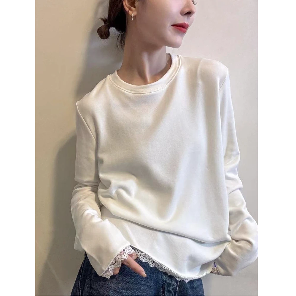 白色t恤蕾丝打底衫女2025新款今年流行爆款内搭加绒磨毛秋冬上衣