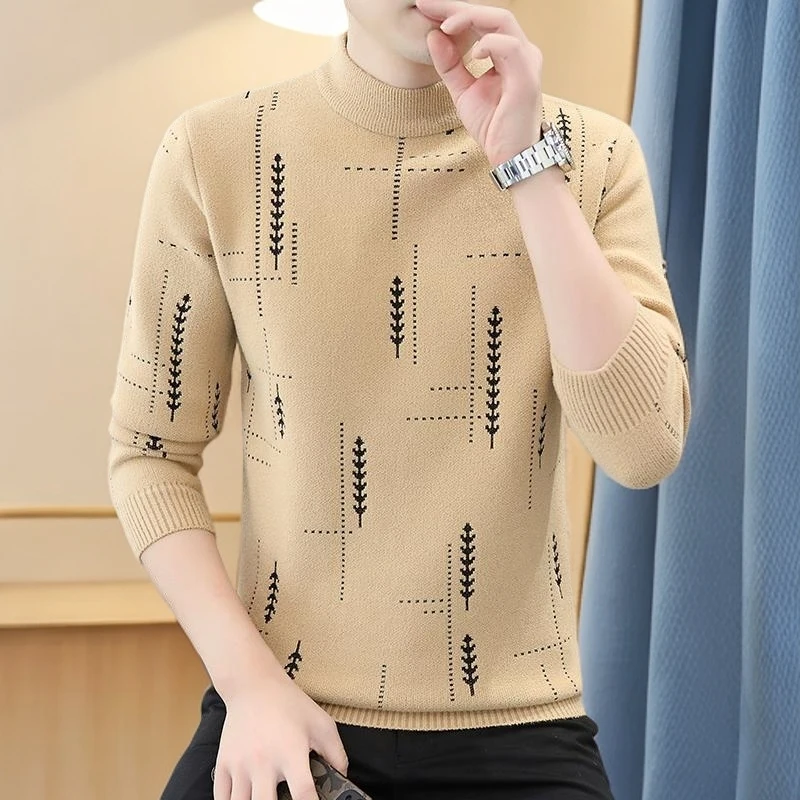 欧米朵内搭针织衫加厚毛线衣新款中领提花毛衣男士秋冬季修身拼色