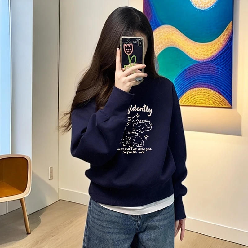 藏蓝色圆领保暖卫衣女2025新款春秋韩版猫咪印花时尚百搭长袖上衣