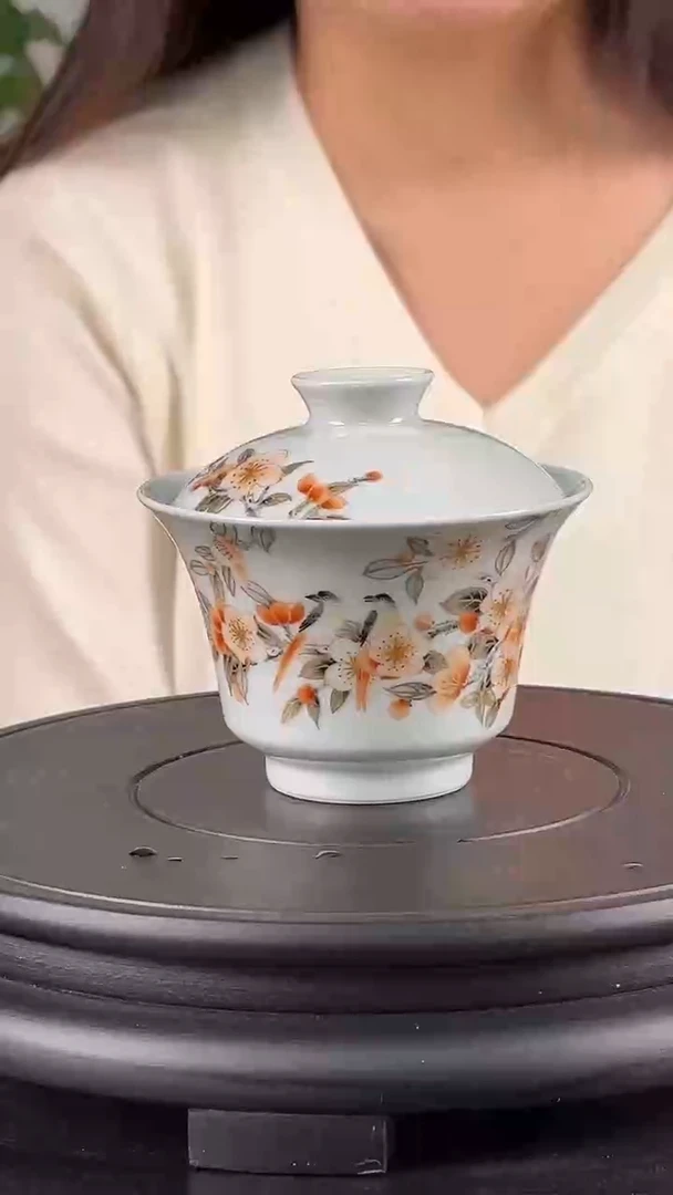 盖碗陶瓷徐玉莹《鸟语花香》陶瓷盖碗