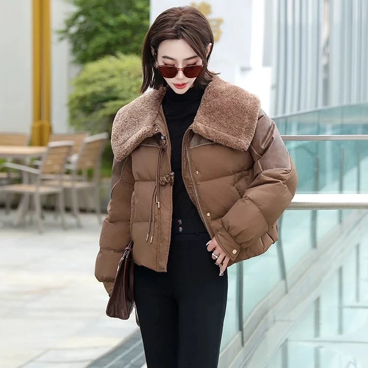 大翻领拼接pu皮轻薄棉服女短款宽松时尚小个子外套5210# 衣长55