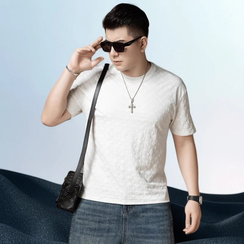 巴赛娜缇时尚白色短袖t恤男士夏季新款潮流时尚提花圆领上衣服男