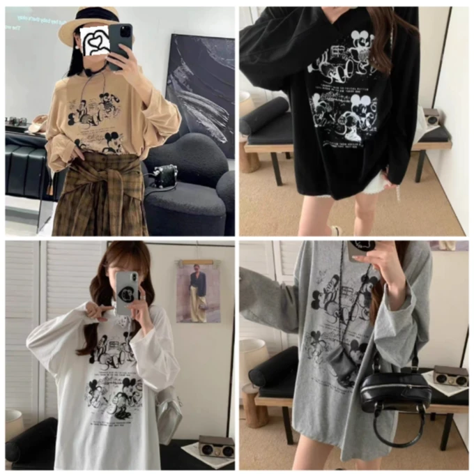 2025早秋新款韩国麻慵懒风卡通老鼠圆领印花宽松百搭T恤罩衫8115