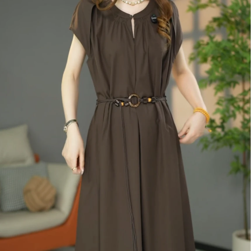 原创设计师款高货欧版宽松洋气款圆领天丝棉大气设计感连衣裙长裙