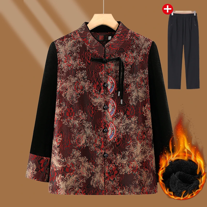 奶奶装秋冬新款妈妈装新中式唐装立领长袖开衫中老年人加绒厚外套