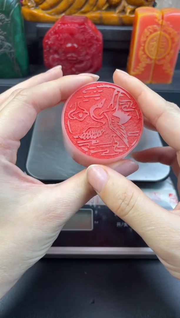 寿山石印石荔枝冻圆章双面印-龙马精神