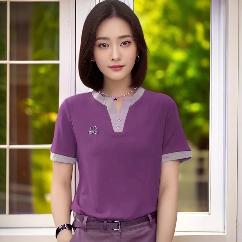 显瘦时尚洋气休闲百搭夏季减龄翻领气质针织宽松潮流小天鹅短袖