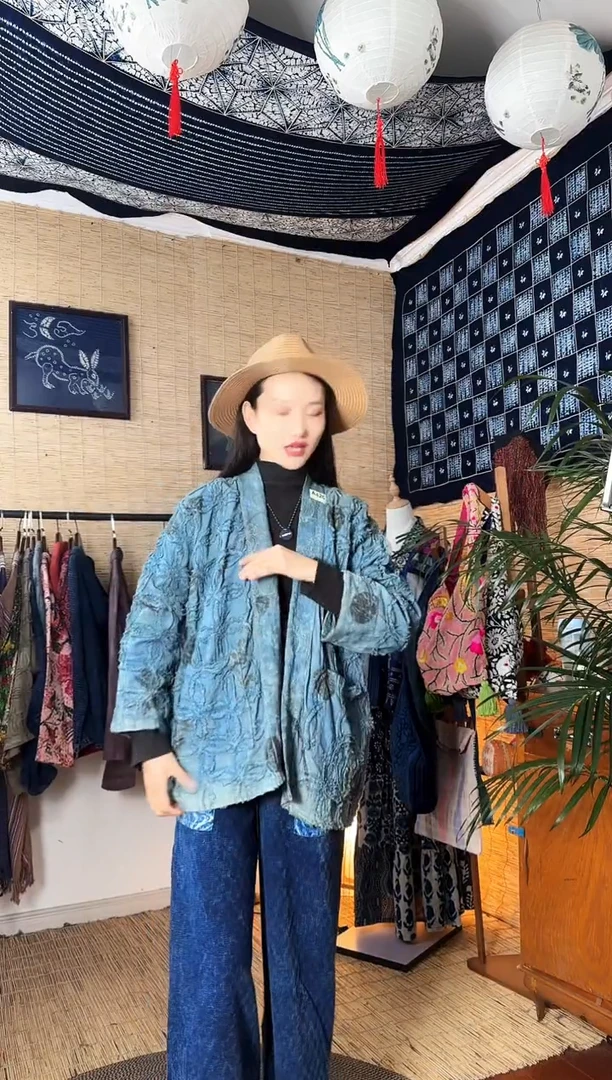 【闪购商品】设计师款蓝染刺绣开衫外套